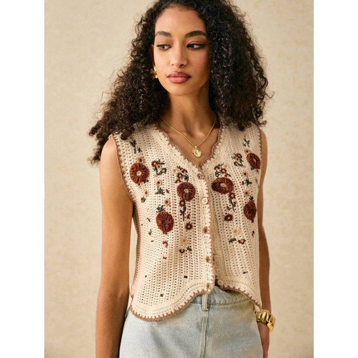 Damen Strickjacke mit floralen Stickereien und Knopfdetails Drune
