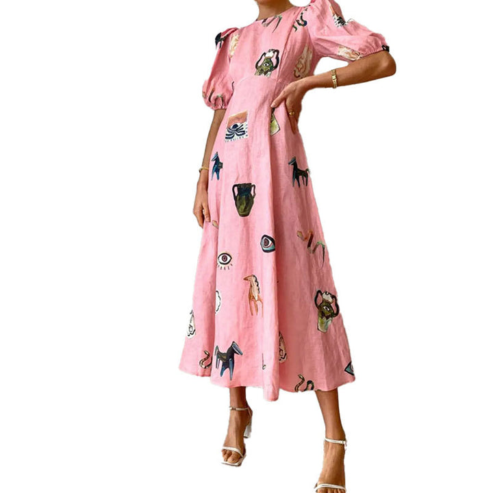 Damen Maxikleid mit künstlerischem Motiv und voluminösen Ärmeln Drune