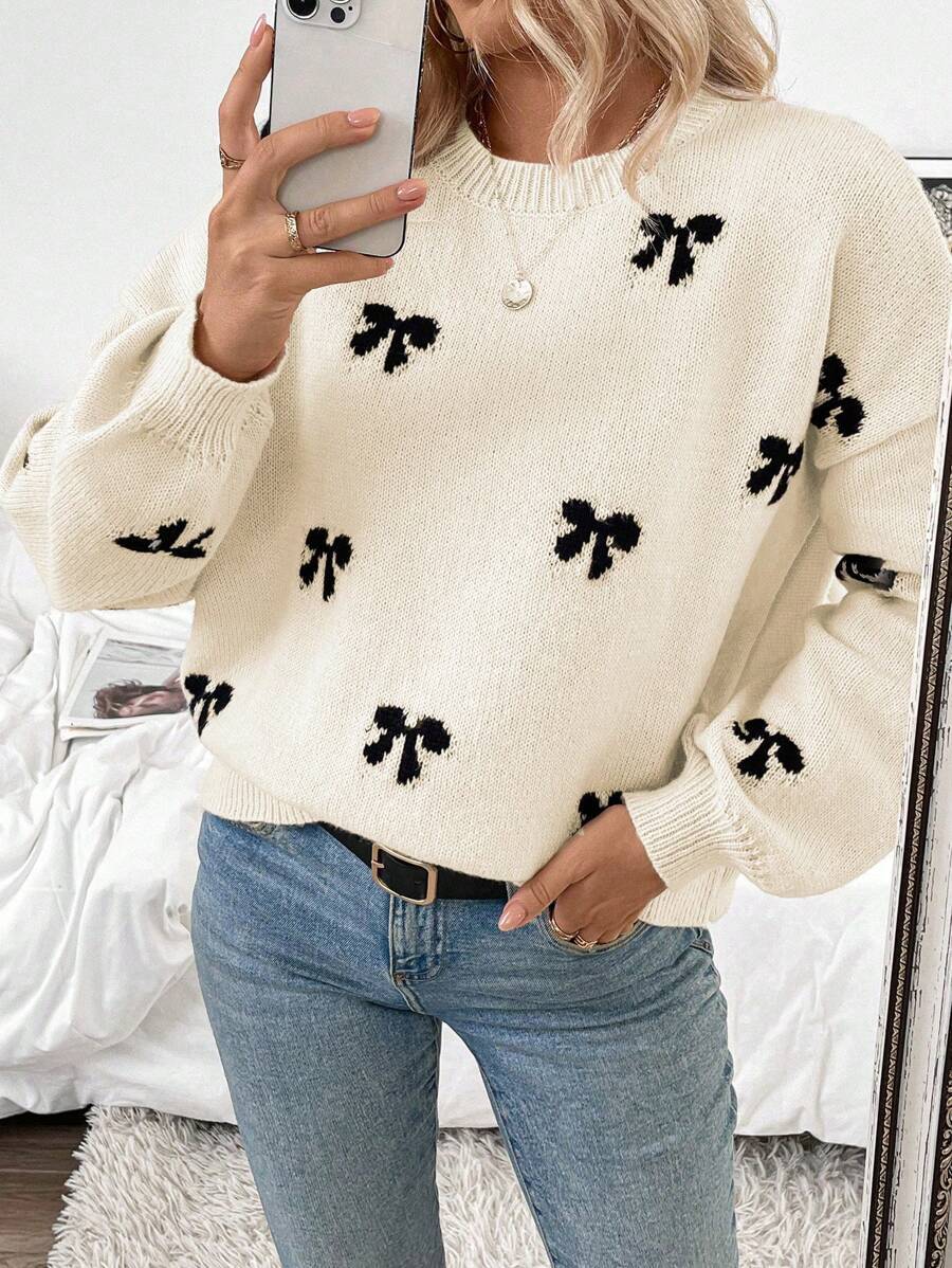 Damen Strickpullover mit dekorativem Schleifenmuster Drune