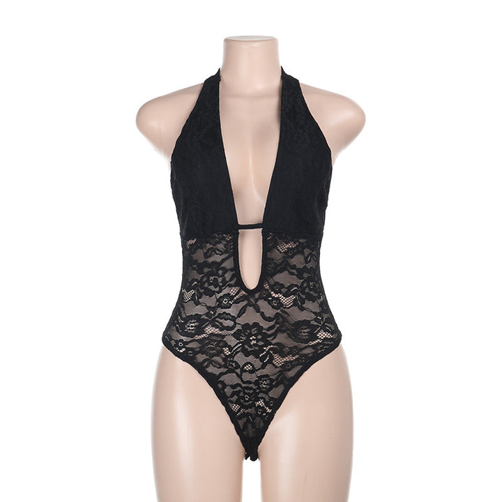 Damen eleganter Spitzenbadeanzug mit tiefem V-Ausschnitt und Rückenschlitz Drune