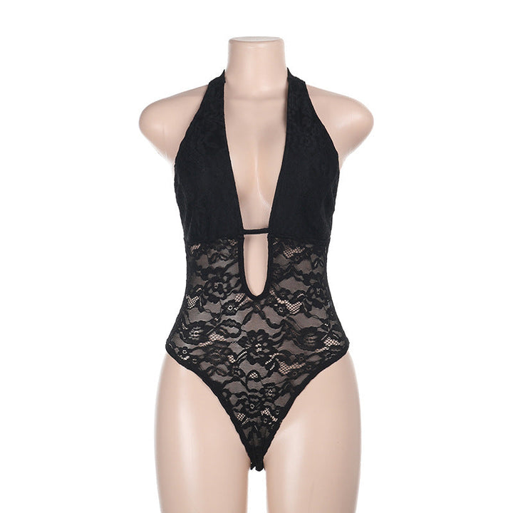Damen verführerischer Neckholder-Badeanzug mit transparenten Spitzeinsätzen Drune