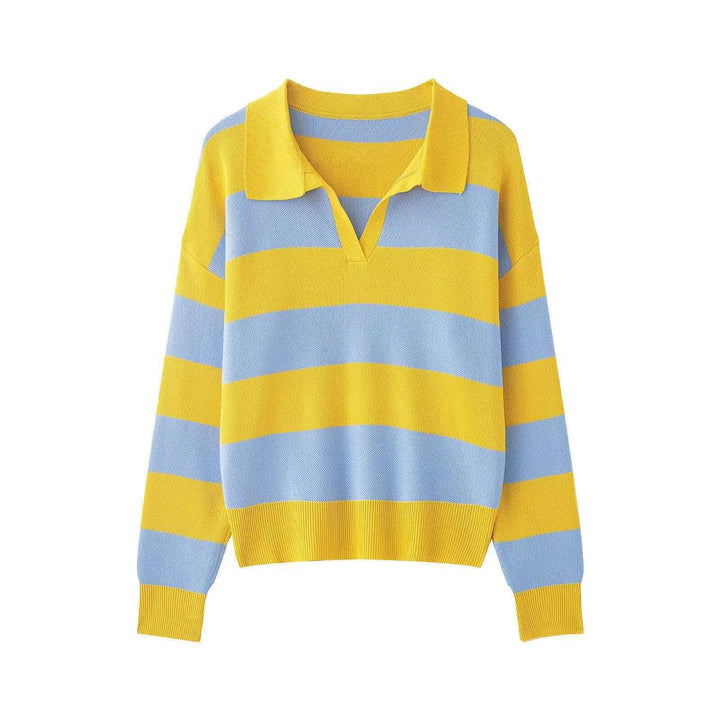 Damen nan gestreifter Rugby-Pullover mit Polokragen, V‑Ausschnitt und verlängerten Rippbündchen Drune