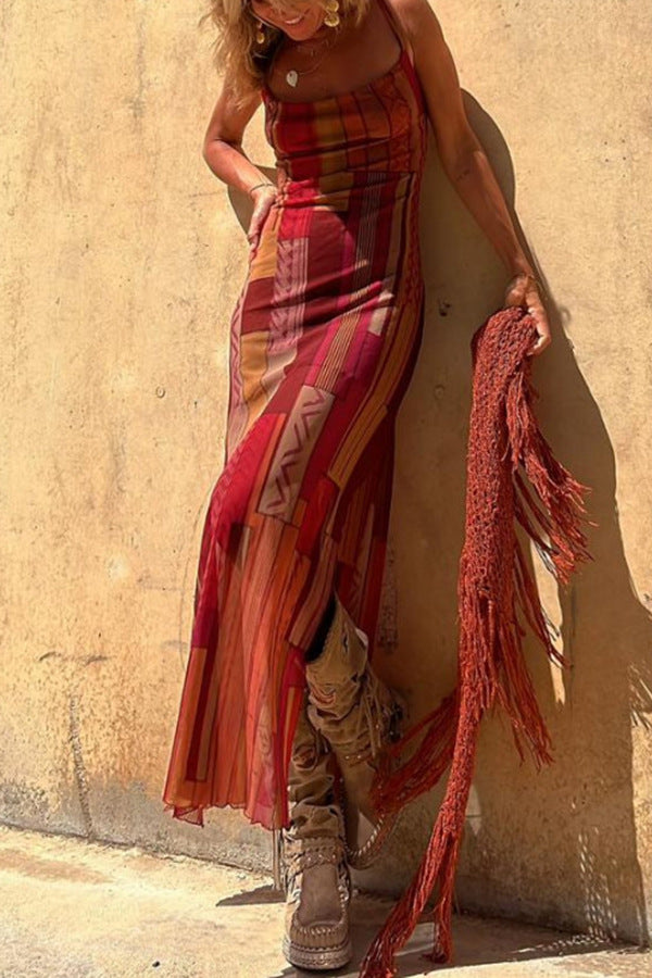 Damen Maxikleid mit asymmetrischem Ethno-Muster und schmalen Spaghettiträgern Drune