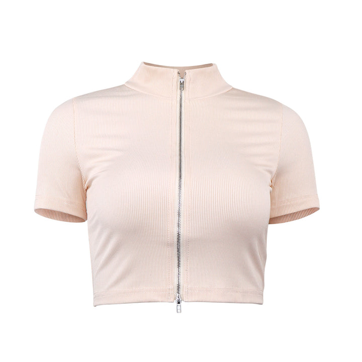 Damen sportliches Kurzarm-Top mit elegantem Reißverschluss Drune