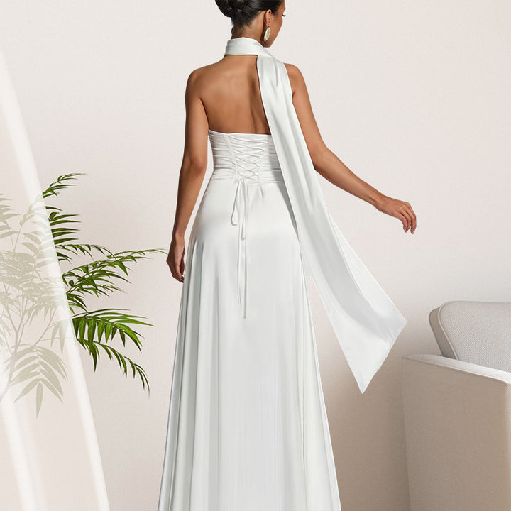 Damen Bandeau-Maxikleid mit schickem Halsschmuck und fließendem Satin Drune