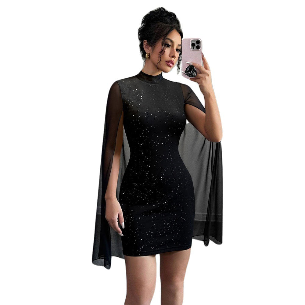 Damen Cocktailkleid mit transparenten Überwürfen und Glitzerakzenten Drune