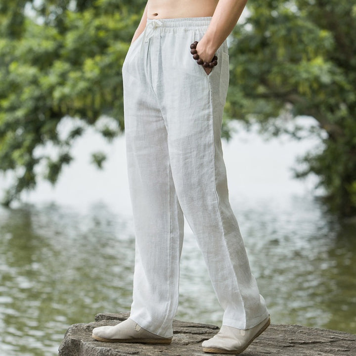 Herren nan leichte Leinenhose mit elastischem Bund weites Bein und seitlichen Eingrifftaschen Drune
