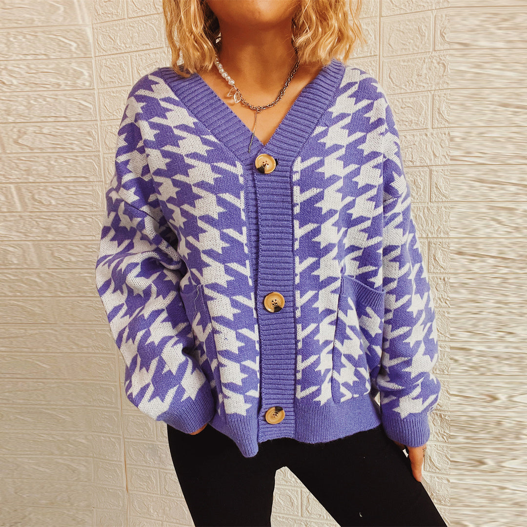 Damen lässige Strickjacke mit modernem Hundezahlenmuster Drune