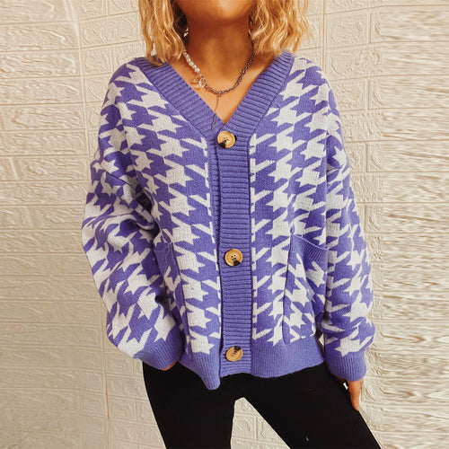Damen lässige Strickjacke mit modernem Hundezahlenmuster Drune
