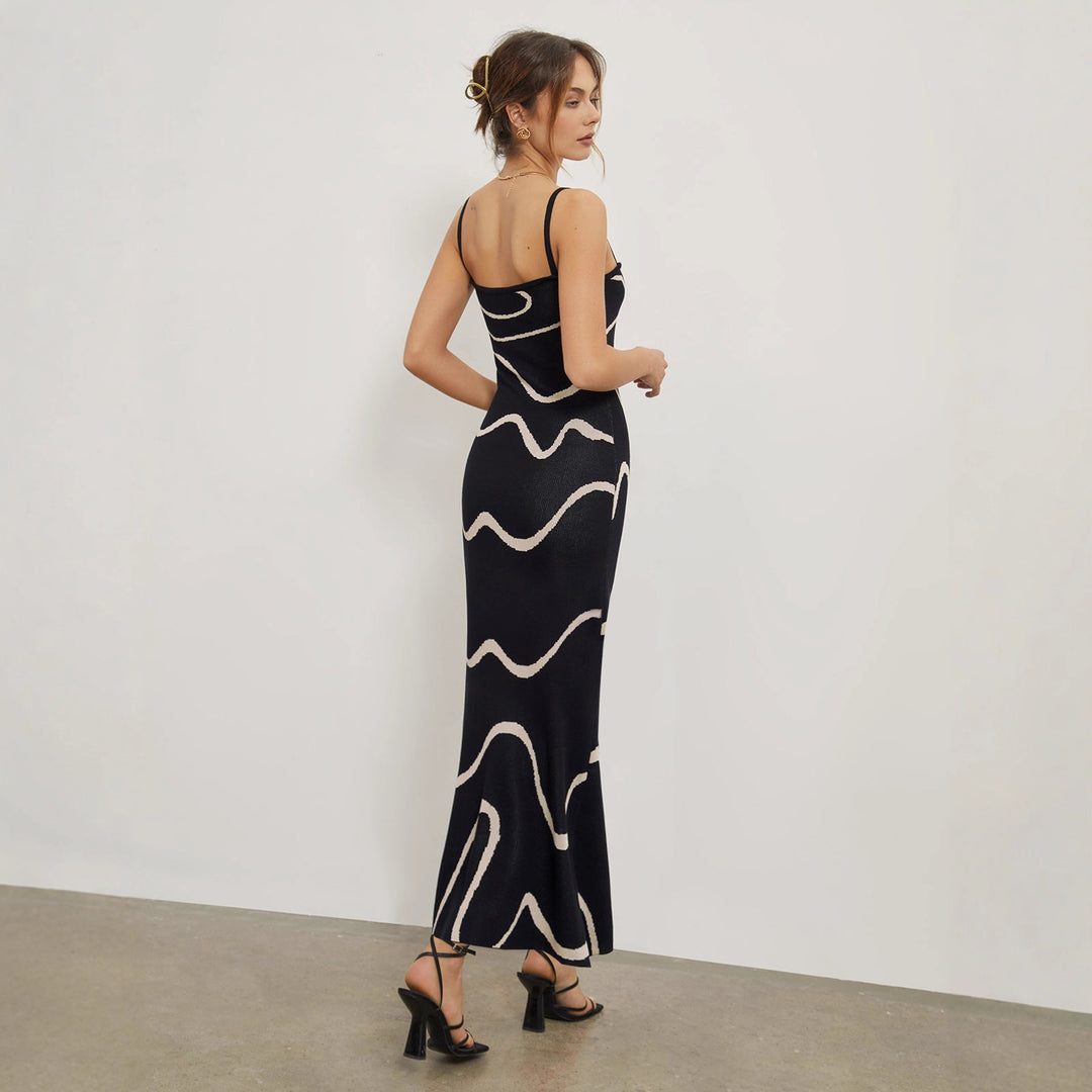 Damen Maxikleid mit modernem Wellenmuster und feinen Spaghettiträgern Drune