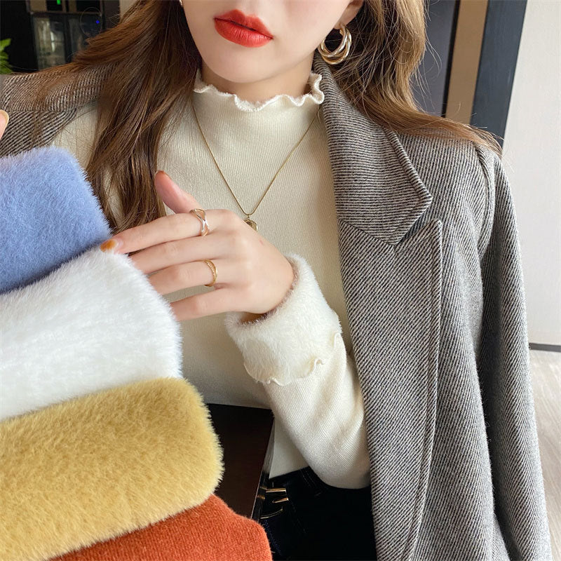 Damen cropped Pullover mit hohem Kragen und Rüschendetails Drune