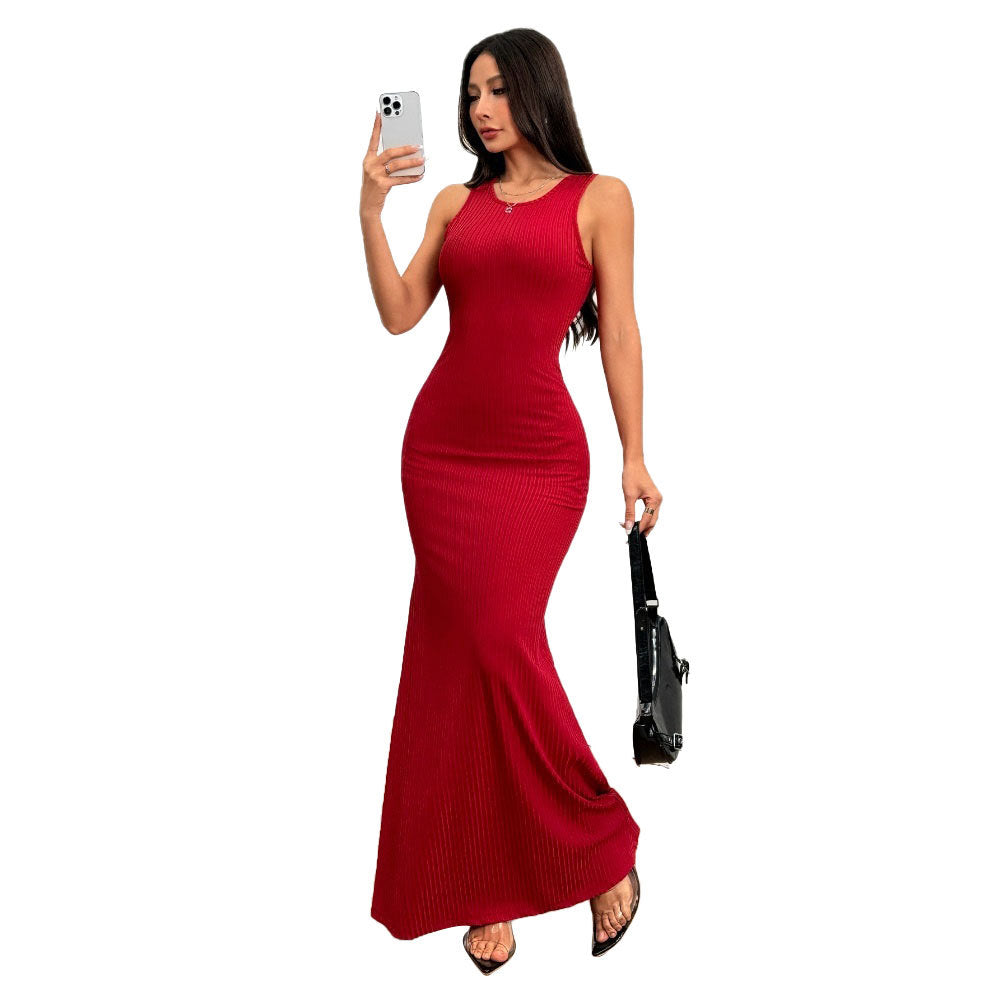 Damen figurbetontes Ripp-Maxi-Kleid mit edlem Rundhalsausschnitt Drune