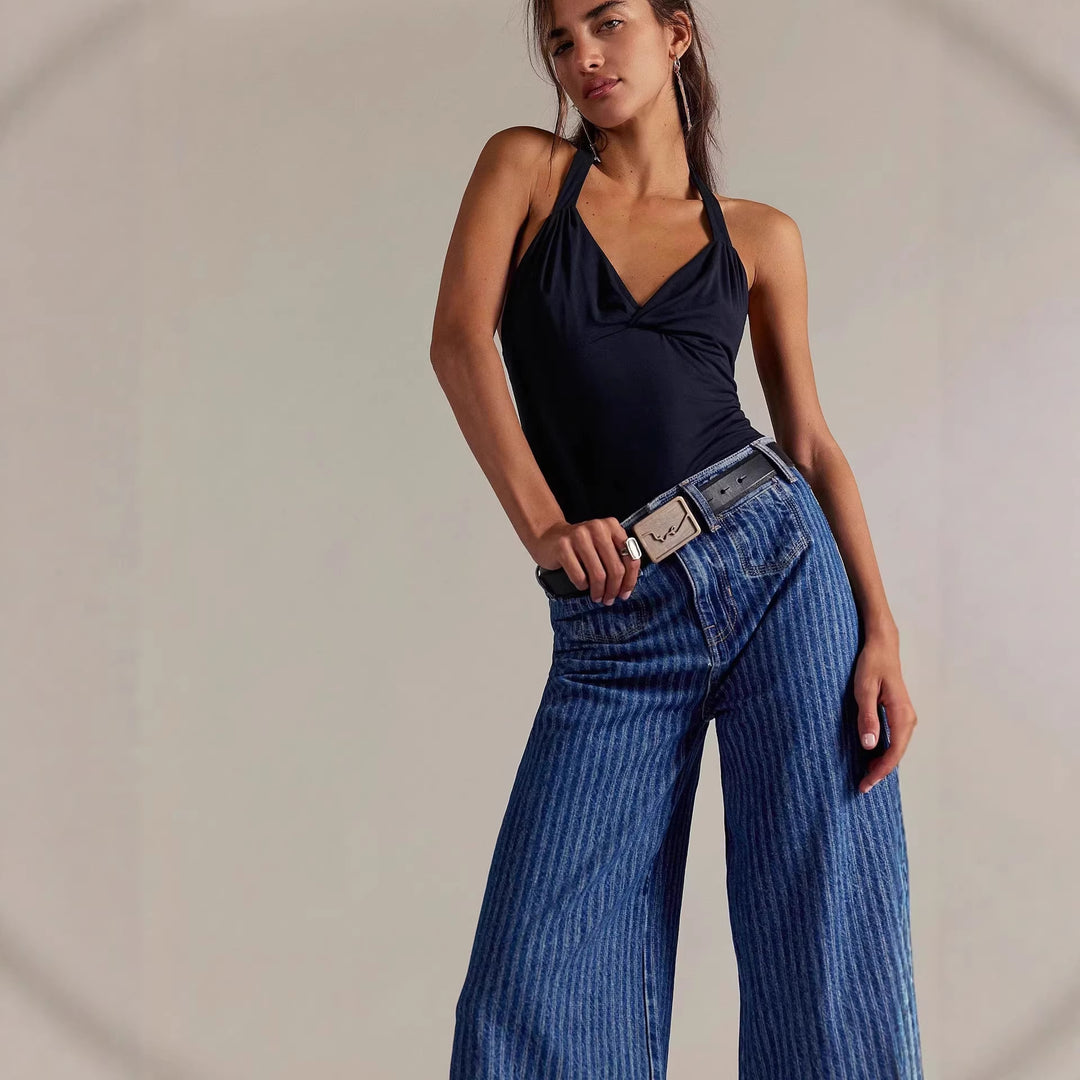 Damen Elegante weit geschnittene Jeans mit aufgenähten Streifen Drune