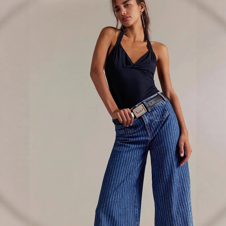 Damen Elegante weit geschnittene Jeans mit aufgenähten Streifen Drune