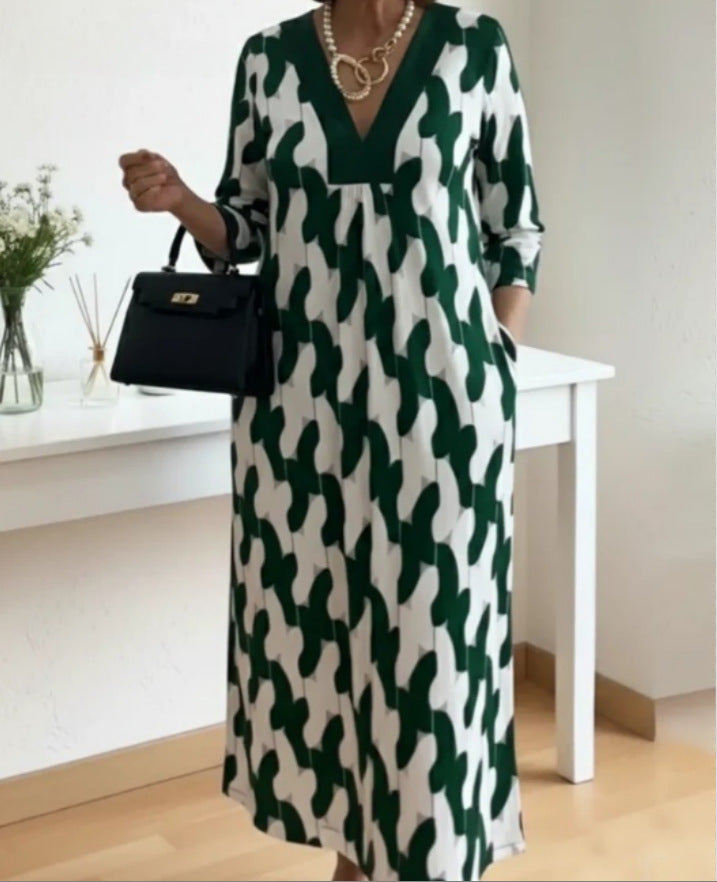 Damen lässiges Maxikleid mit elegantem V-Ausschnitt und praktischen Seitentaschen Drune