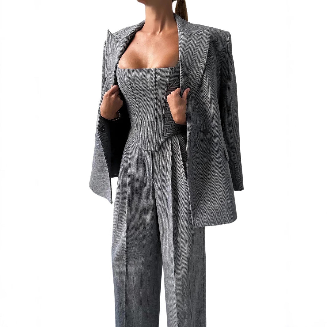 Damen Elegantes Zweiteiliges Anzug-Set mit tailliertem Oberteil und gerader Hose Drune