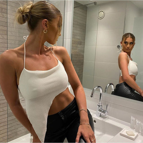 Damen asymmetrisches Crop-Top mit feinem Rippdesign und tiefem Ausschnitt Drune