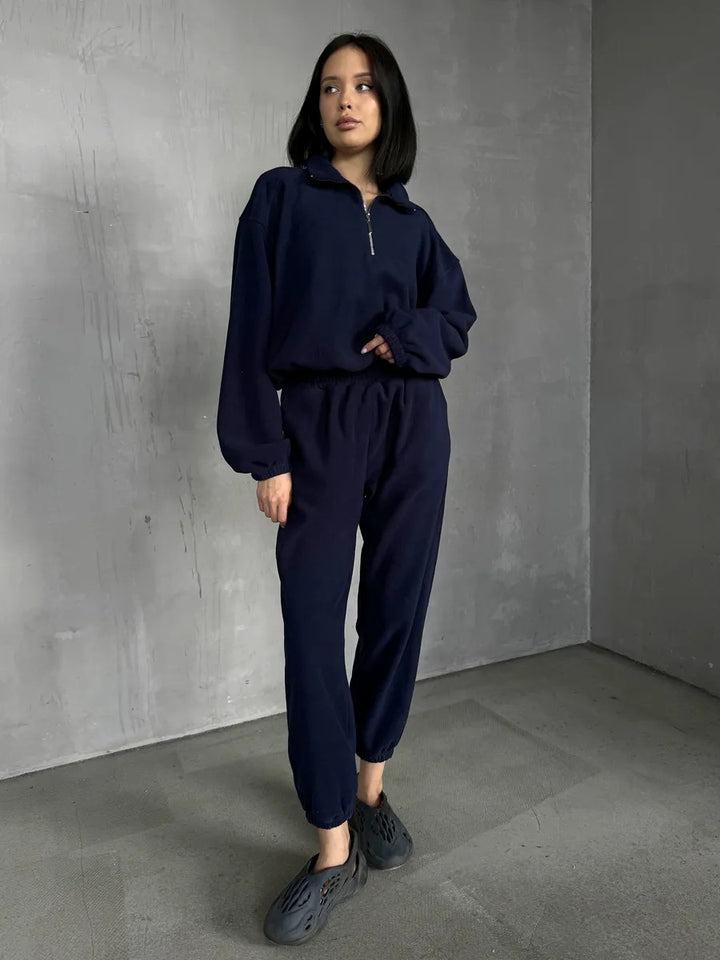 Damen lässiger Fleece-Lounge-Anzug mit kurzem Reißverschluss Drune