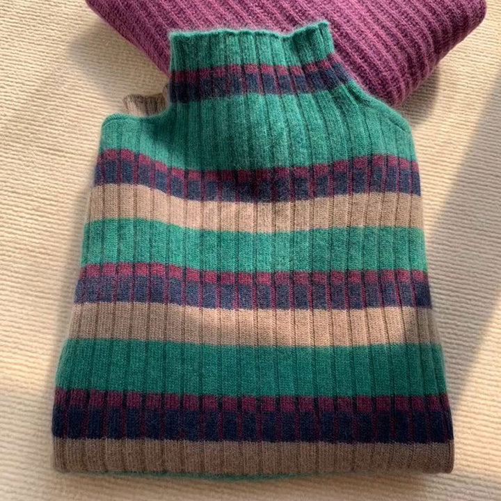 Damen Rippstrickpullover mit hohem Kragen und modischem Streifenmuster Drune