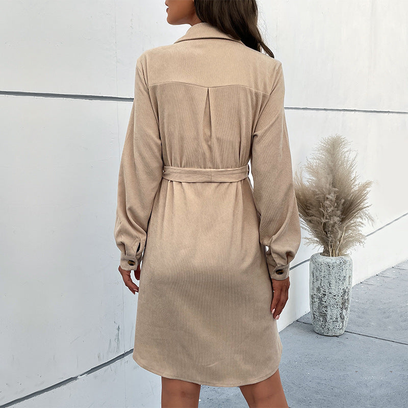 Damen Knielanges Hemdblusenkleid mit Bindegürtel Drune