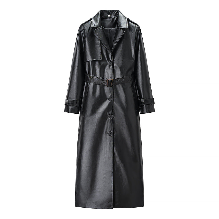 Damen elegante Kunstleder-Trenchjacke mit Bindegürtel Drune