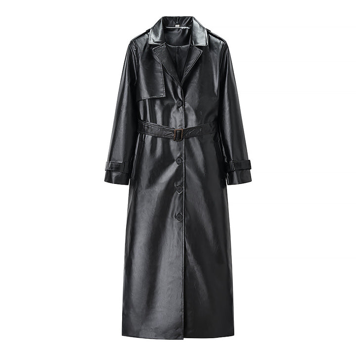 Damen elegante Kunstleder-Trenchjacke mit Bindegürtel Drune