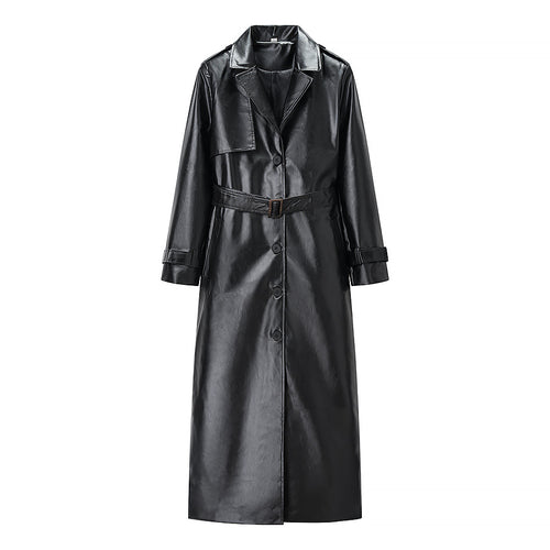 Damen elegante Kunstleder-Trenchjacke mit Bindegürtel Drune