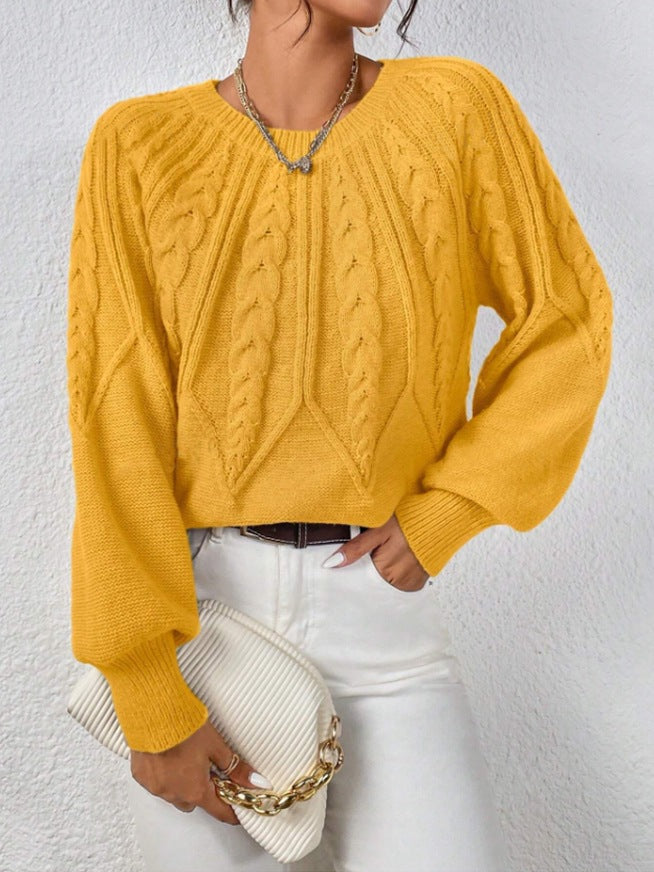 Damen nan kurzer Zopfmuster-Strickpullover mit Ballonärmeln und geripptem Saum Drune