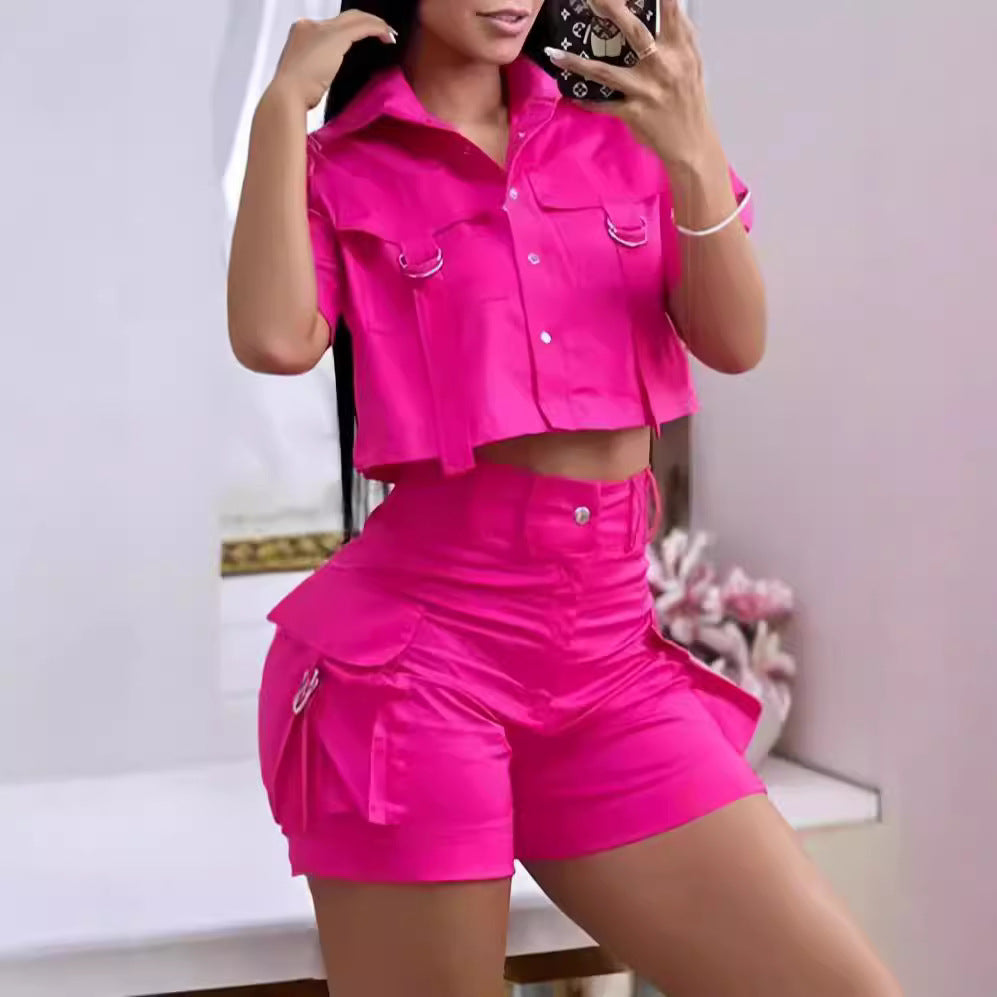 Damen Modisches Zweiteiliges Set mit cropped Oberteil und praktischen Cargo-Shorts Drune