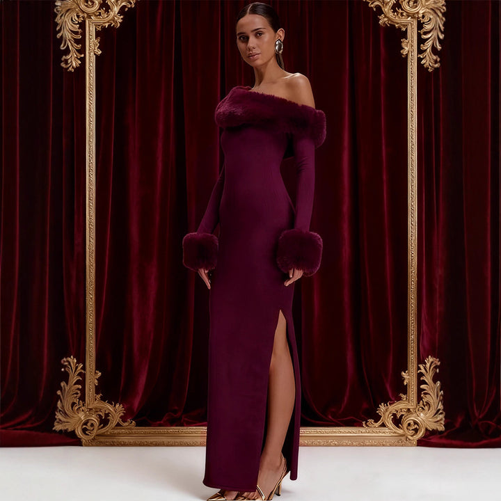 Damen Langarm-Maxikleid mit schulterfreier Optik und eleganten Fellakzenten Drune