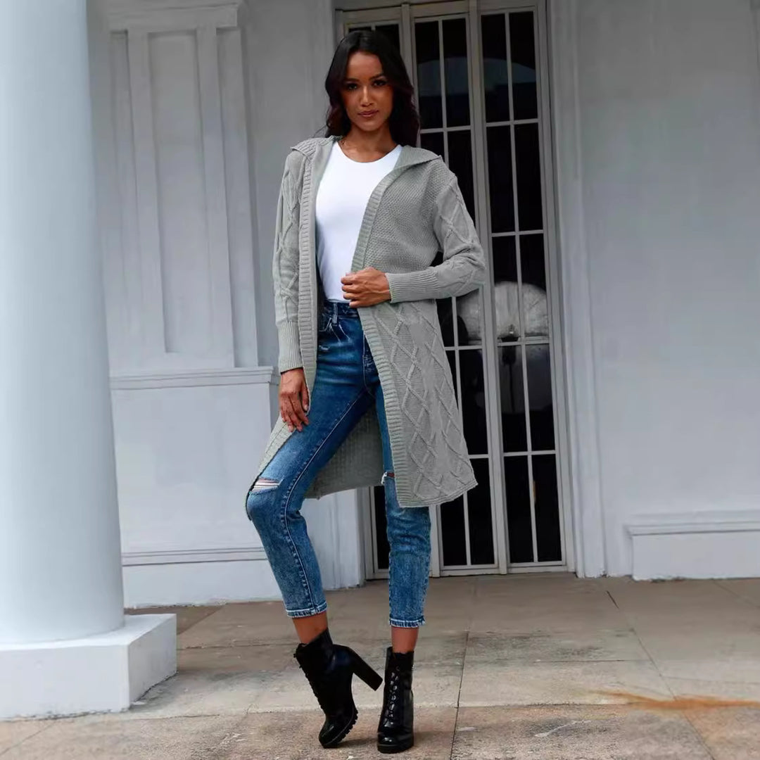 Damen Grobstrick-Cardigan mit elegantem Kapuzendesign und strukturiertem Muster Drune