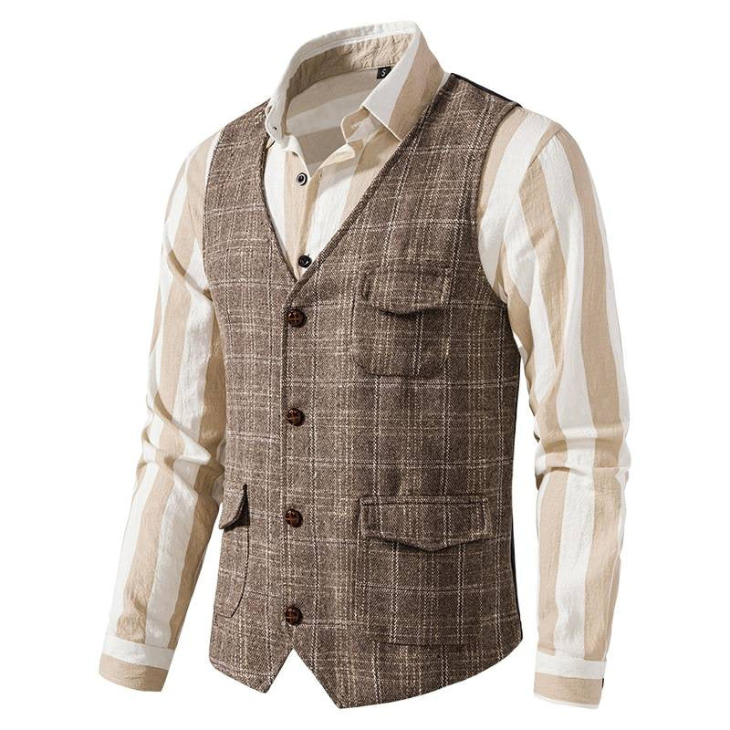 Herren nan kariertes Wollmix Gilet mit Brusttasche und aufgesetzten Seitentaschen Drune