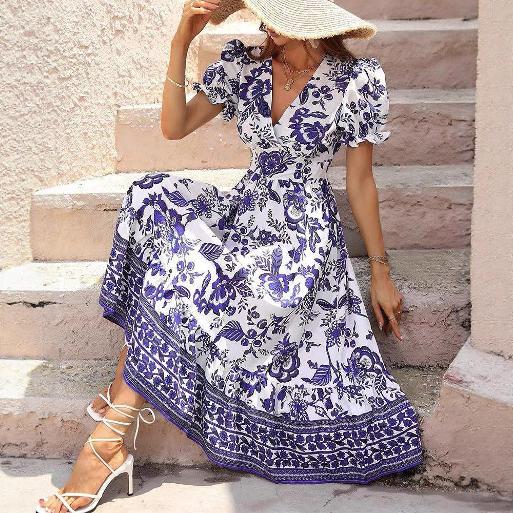 Damen nan boho-inspiriertes Maxikleid mit geraffter Empire-Taille, kurzen Puffärmeln und dekorativem Bordürenprint Drune
