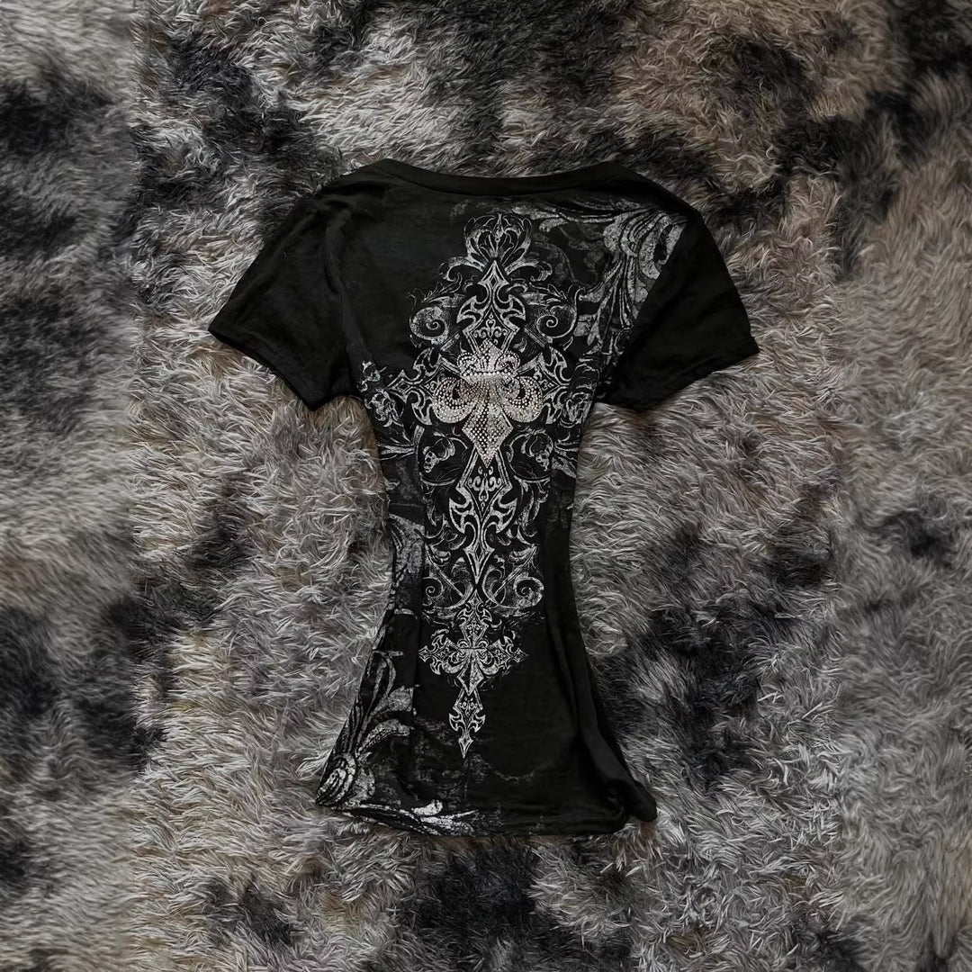Damen Elegantes V-Ausschnitt T-Shirt mit kunstvollem Design Drune