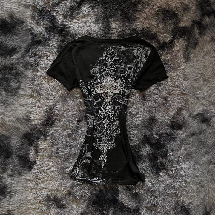 Damen Elegantes V-Ausschnitt T-Shirt mit kunstvollem Design Drune