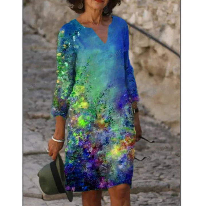 Damen elegantes Sommerkleid mit V-Ausschnitt und 3/4-Ärmeln Drune