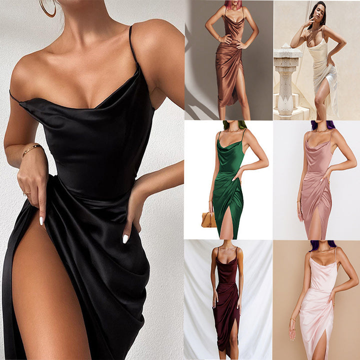 Damen Satin Kleid mit schmalen Spaghetti-Trägern und seitlichem Schlitz Drune