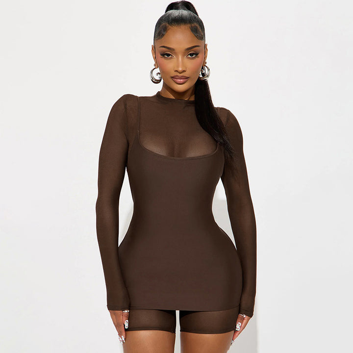Damen Figurbetontes Langarm-Minikleid mit transparenten Einsätzen Drune