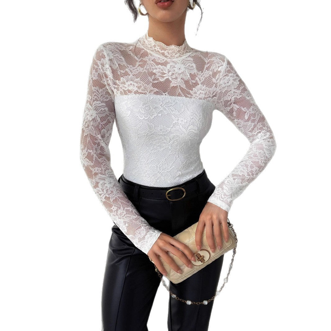 Damen Elegantes Spitzenoberteil mit hochgeschlossenem Kragen und langen Ärmeln Drune