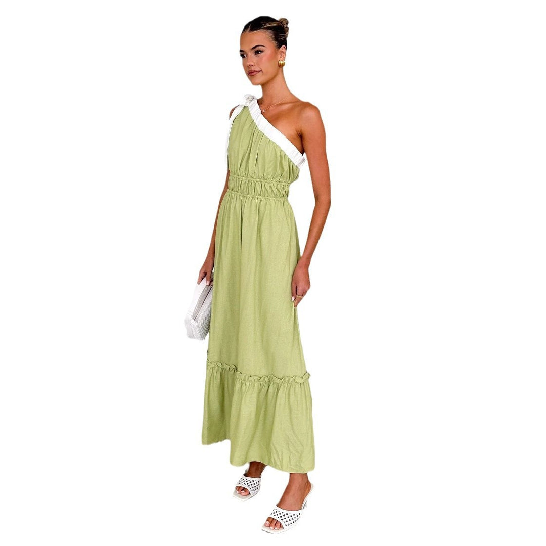 Damen Maxikleid mit asymmetrischem Schulterdesign und fließendem Faltenrock Drune