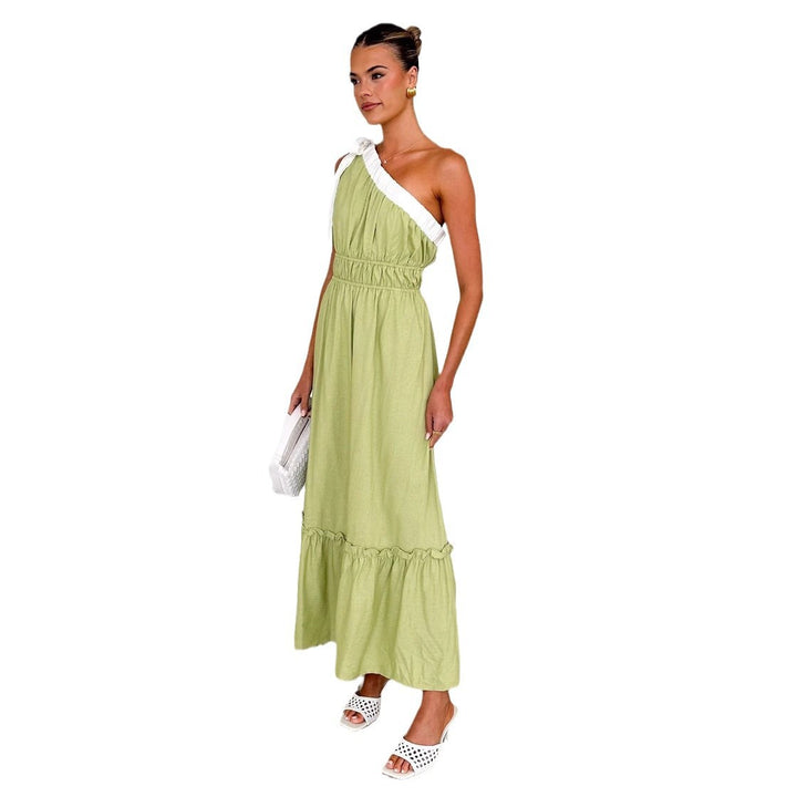 Damen Maxikleid mit asymmetrischem Schulterdesign und fließendem Faltenrock Drune