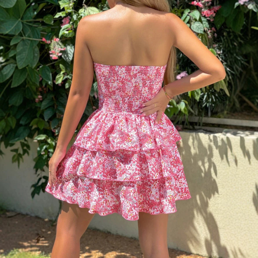 Damen Rüschenkleid mit schulterfreiem Design und floralem Muster Drune