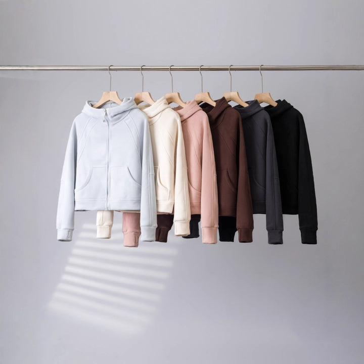 Damen kuschelige Kapuzenjacke mit hohem Kragen und praktischen Taschen Drune