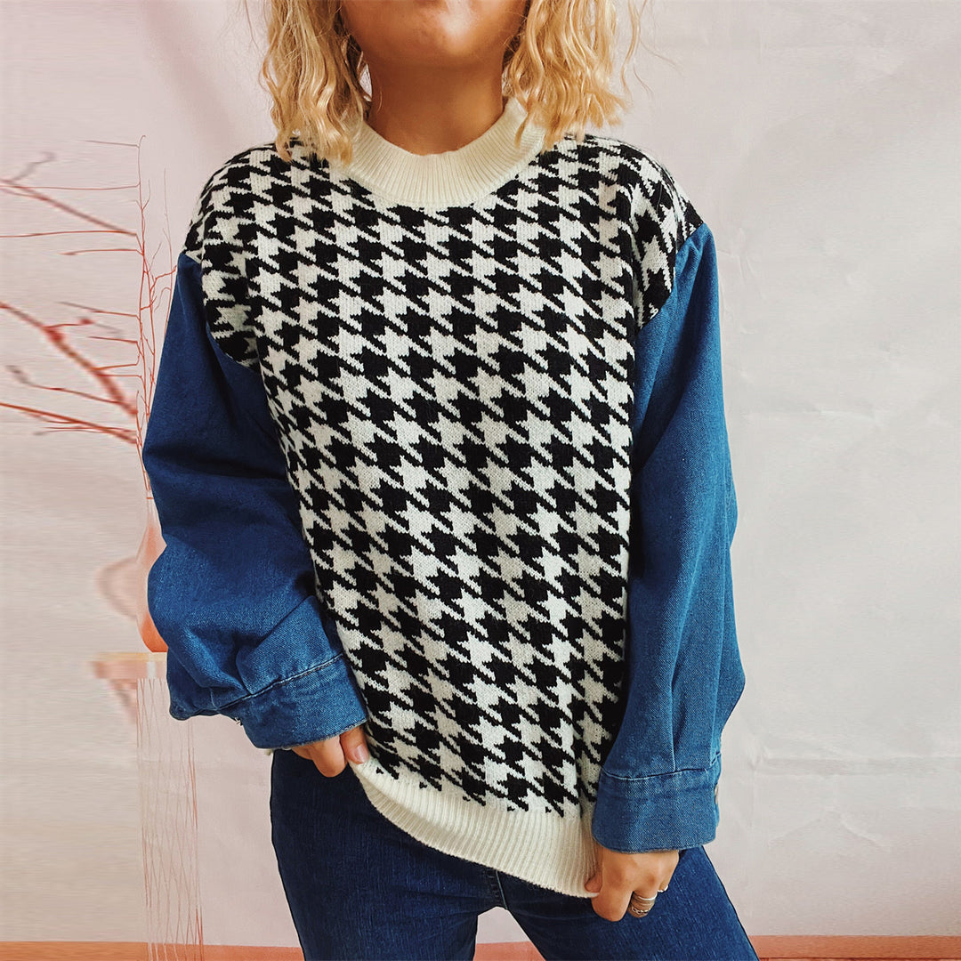 Damen Strickpullover im modernen Hahnentrittmuster mit lässigen Denim-Ärmeln Drune