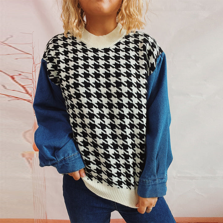Damen Strickpullover im modernen Hahnentrittmuster mit lässigen Denim-Ärmeln Drune