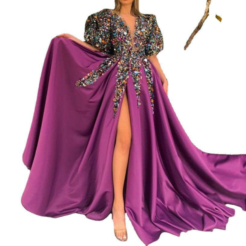 Damen Glamouröses Abendkleid mit voluminösen Puffärmeln und funkelndem Dekolleté Drune