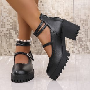 Damen Blockabsatz-Schnürschuhe mit modischem Riemendesign und rutschfester Sohle Drune
