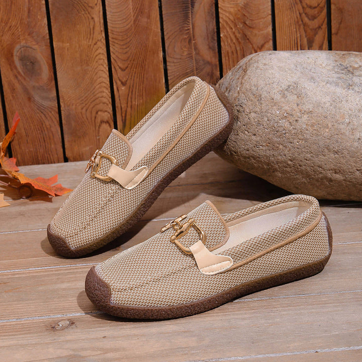 Damen leichte Slip-On Mokassins mit atmungsaktivem Mesh-Obermaterial und modischer Schnallenverzierung Drune