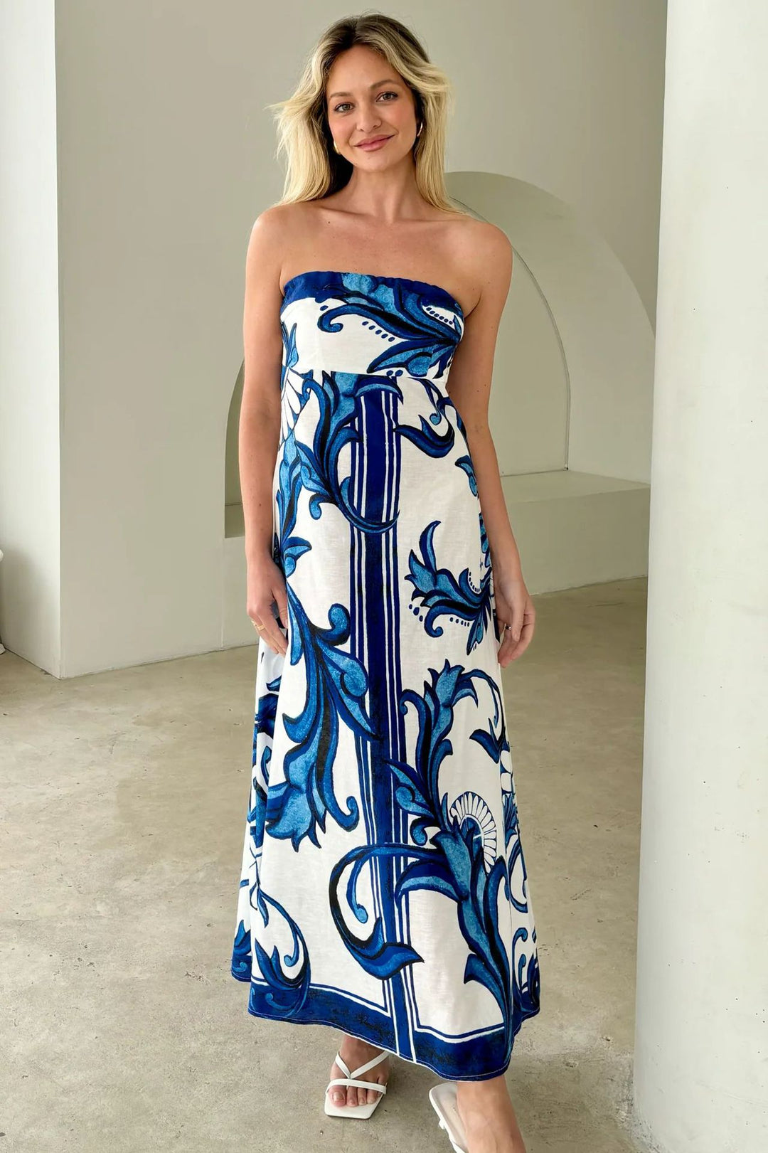 Damen Bandeau Maxikleid mit elegantem floralem Druck und fließendem Schnitt Drune