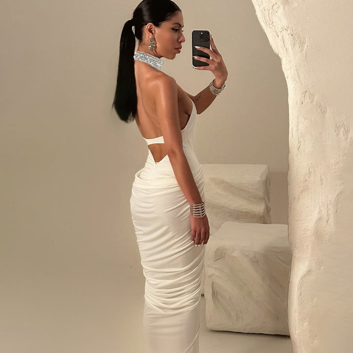 Damen Elegantes Maxikleid mit hochgeschlossenem Kragen und auffälligen Raffungselementen Drune